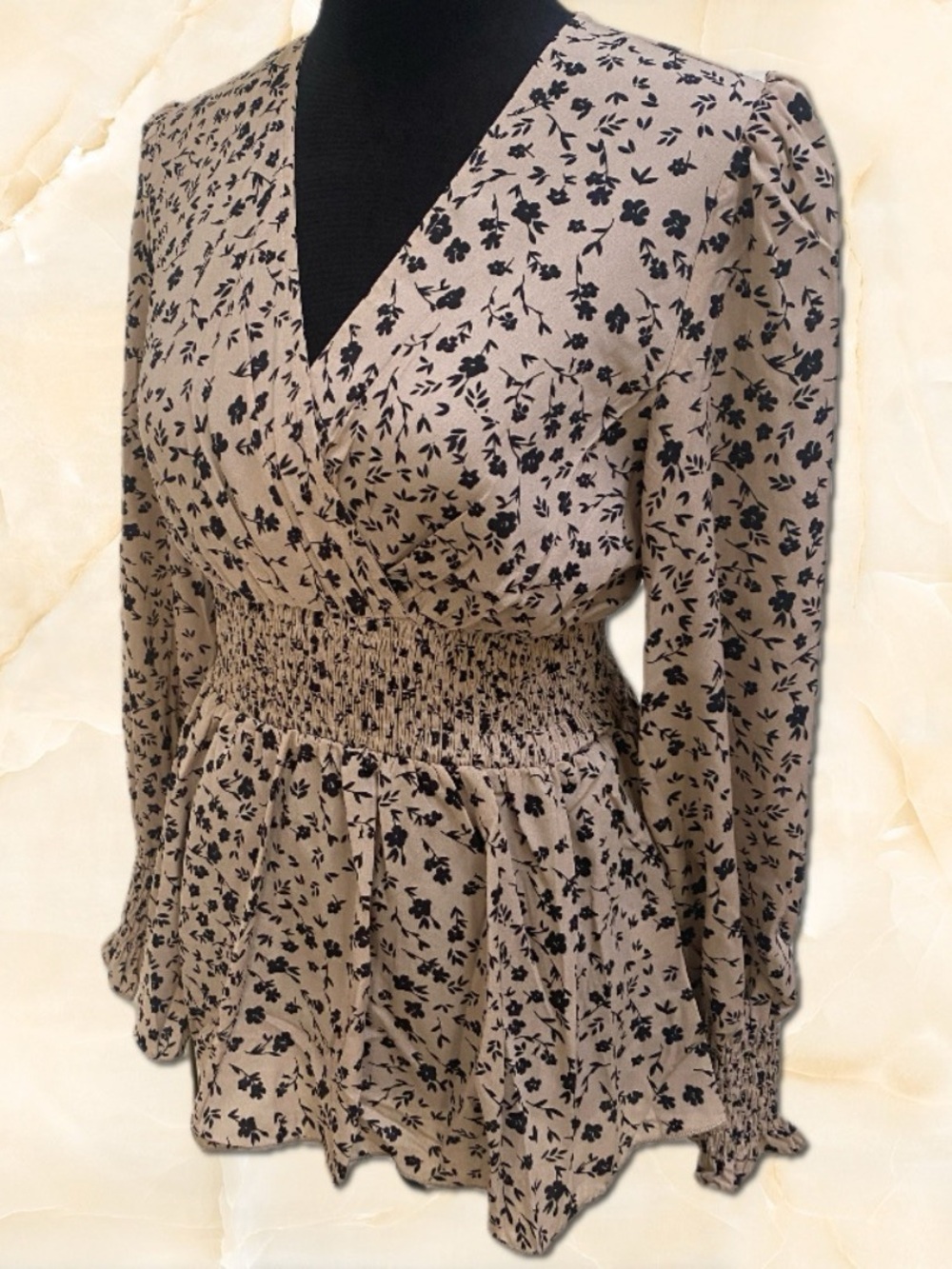 Smocked Waist Beige Floral Long-Sleeve Tunic